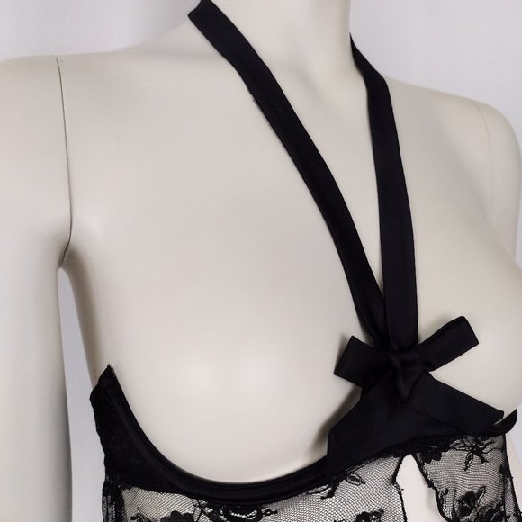 Vintage 2000s Frederick’s of Hollywood Black Lace Open Cup Halter Babydoll - Picture 10 of 14
